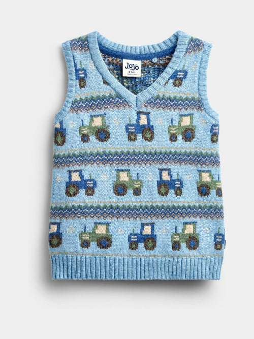 Dsiney Kidz - JoJo Maman Bébé Mid Blue Tractor Fairisle Knitted Tank Top image 1