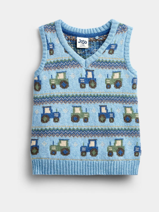 Dsiney Kidz - JoJo Maman Bébé Mid Blue Tractor Fairisle Knitted Tank Top image 1