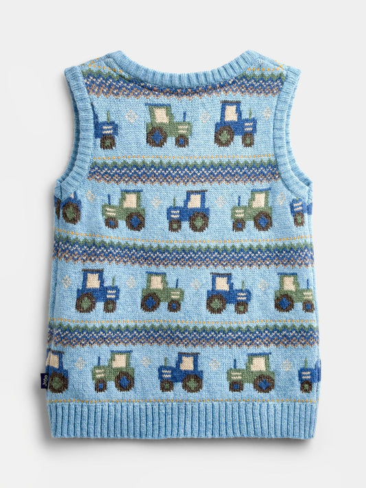 Dsiney Kidz - JoJo Maman Bébé Mid Blue Tractor Fairisle Knitted Tank Top image 2