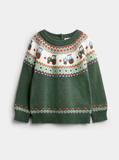 Dsiney Kidz - JoJo Maman Bébé Khaki Green Tractor Fairisle Knitted Jumper image 1
