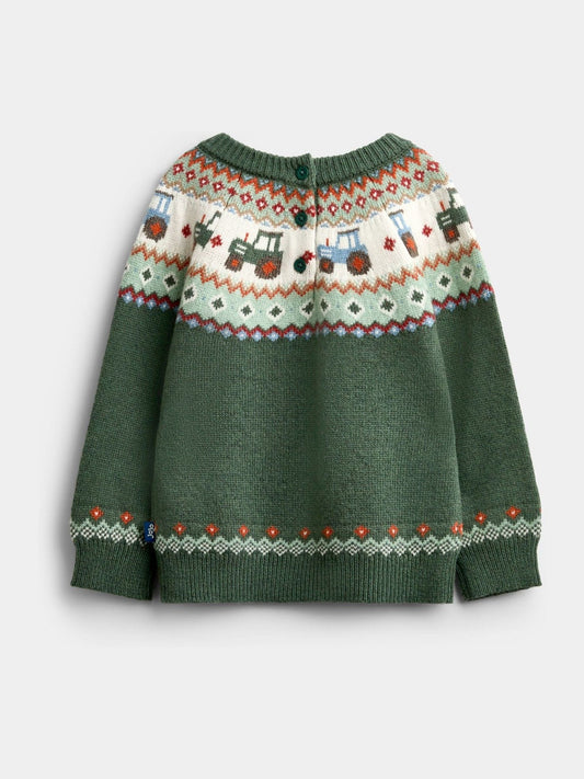 Dsiney Kidz - JoJo Maman Bébé Khaki Green Tractor Fairisle Knitted Jumper image 2