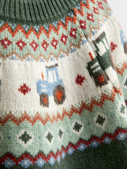 Dsiney Kidz - JoJo Maman Bébé Khaki Green Tractor Fairisle Knitted Jumper image 3