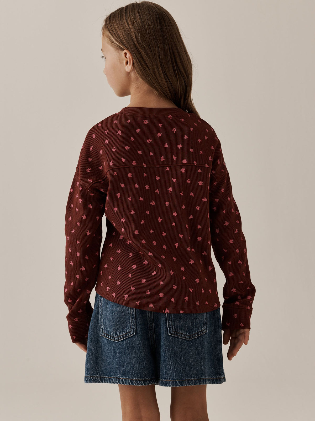 Burgundy Ditsy Waffle Henley Top (3-16yrs) - image 3
