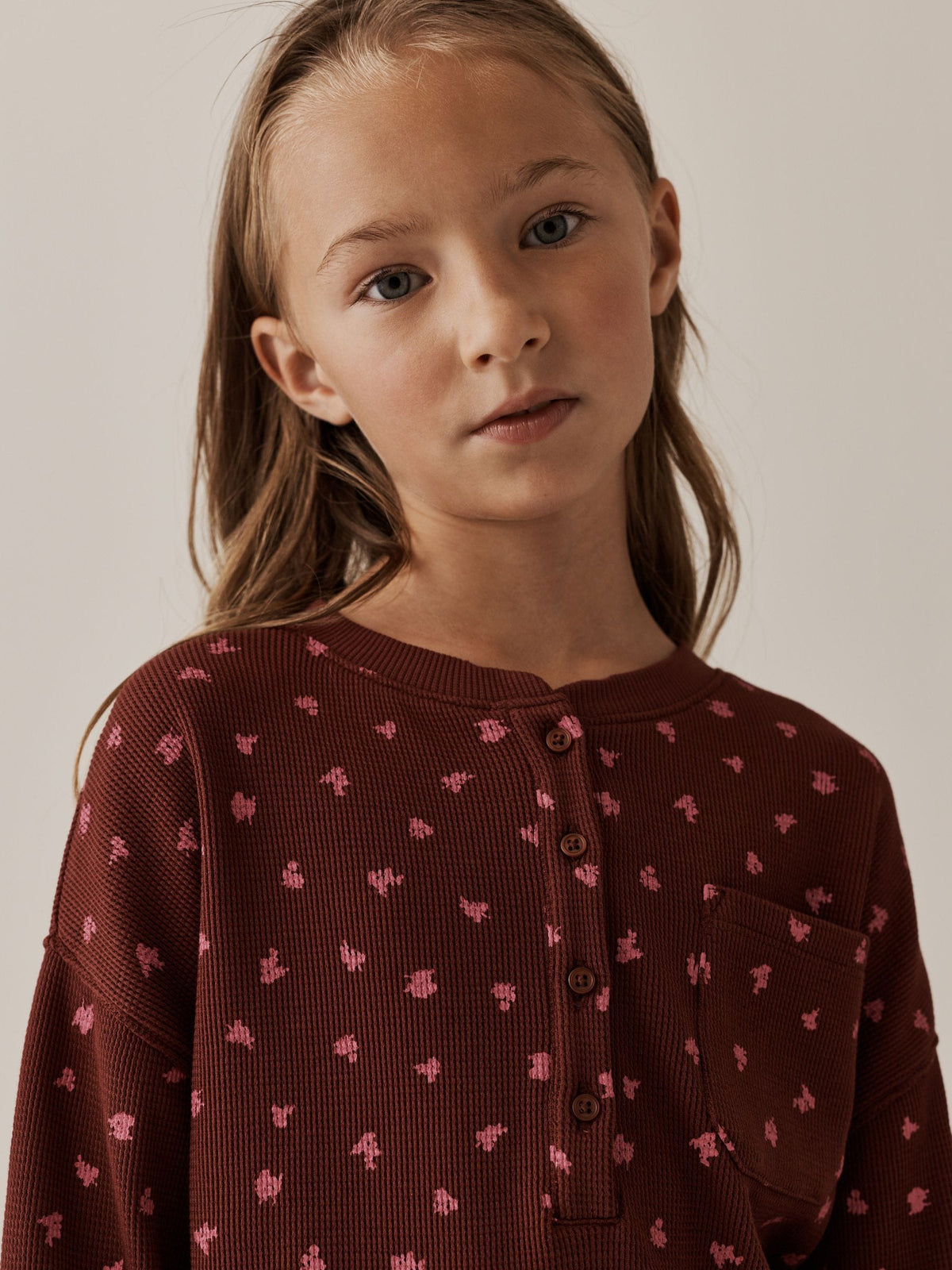 Burgundy Ditsy Waffle Henley Top (3-16yrs) - image 4
