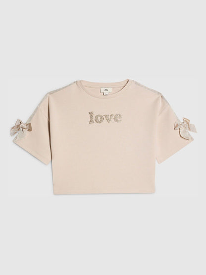 Dsiney Kidz - River Island Cream Premium Love Diamante T-Shirt image 1