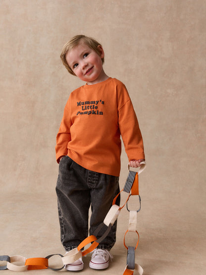 Dsiney Kidz - Orange Halloween Mummy's Little Pumpkin Slogan Long Sleeve Back Graphic T-Shirt (3mths-7yrs) image 2