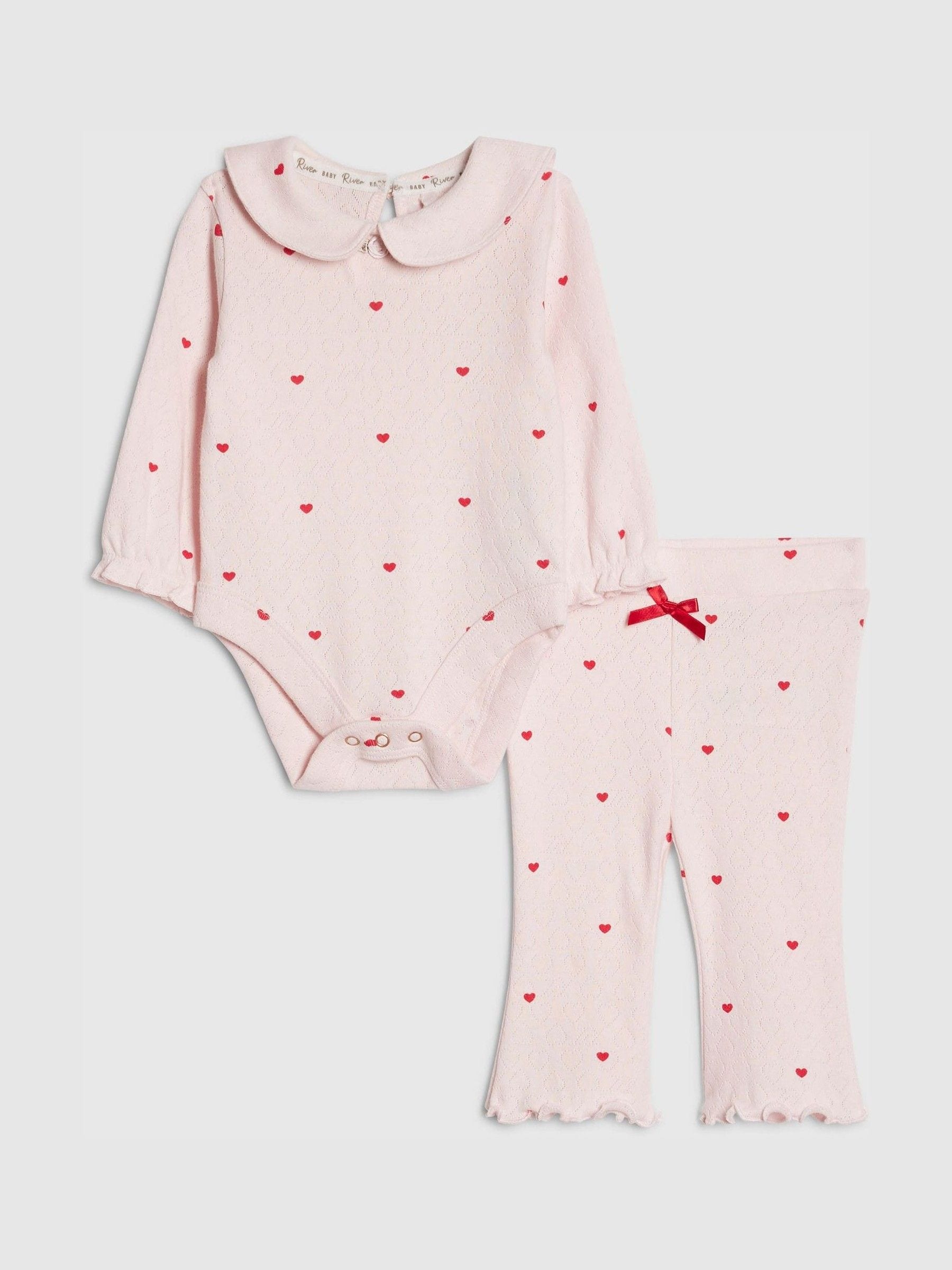 River Island Pink Heart Rib Bodysuit & Legging Set image 1