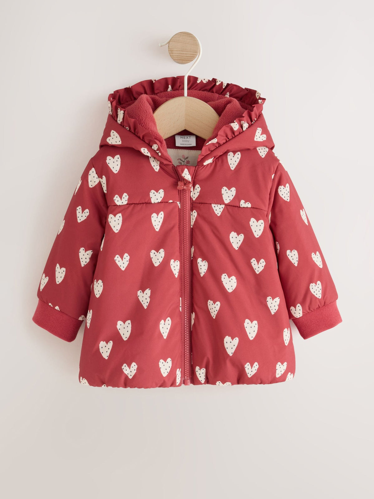 Red and White Heart Printed Hooded Padded Baby Jacket (0mths-2yrs) - image 1