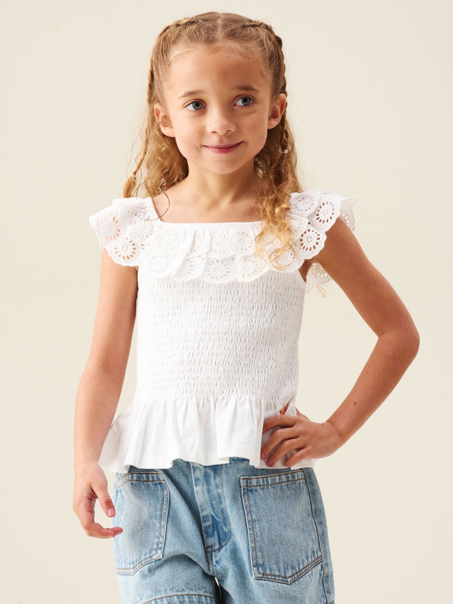 Dsiney Kidz - Angel & Rocket White Charlie Broderie Frill Shirred Vest Top image 1