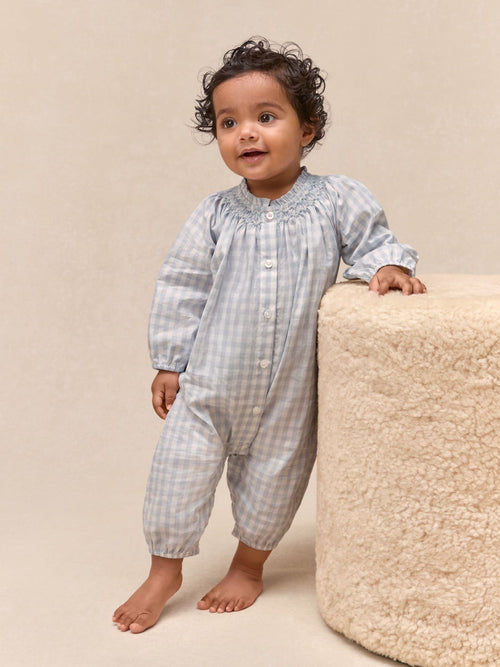 The White Company Blue Cotton Poplin Mini Gingham Handsmocked Romper image 1