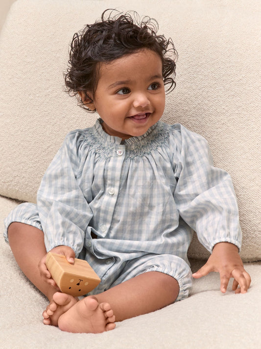 The White Company Blue Cotton Poplin Mini Gingham Handsmocked Romper image 2