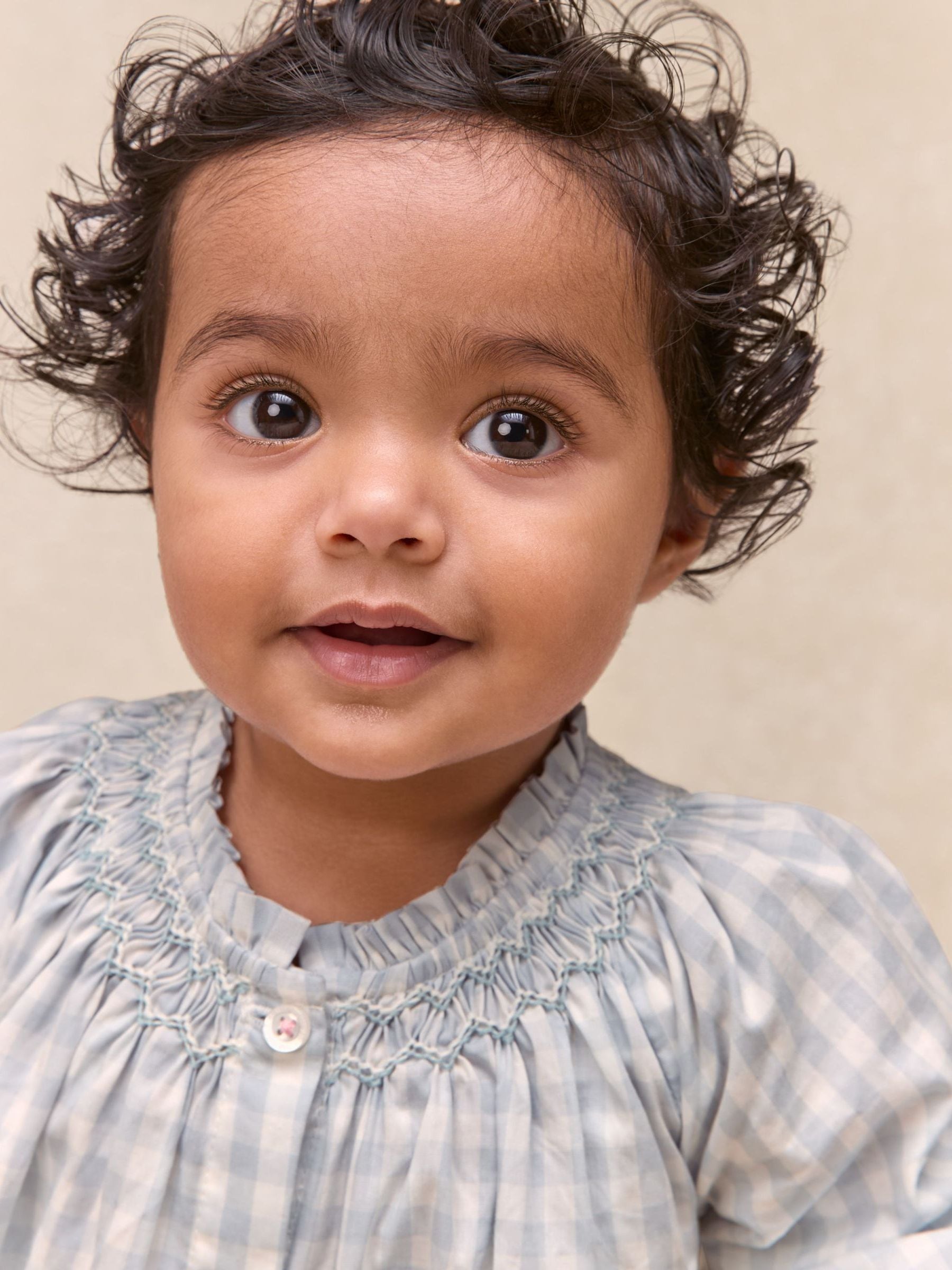 The White Company Blue Cotton Poplin Mini Gingham Handsmocked Romper image 3