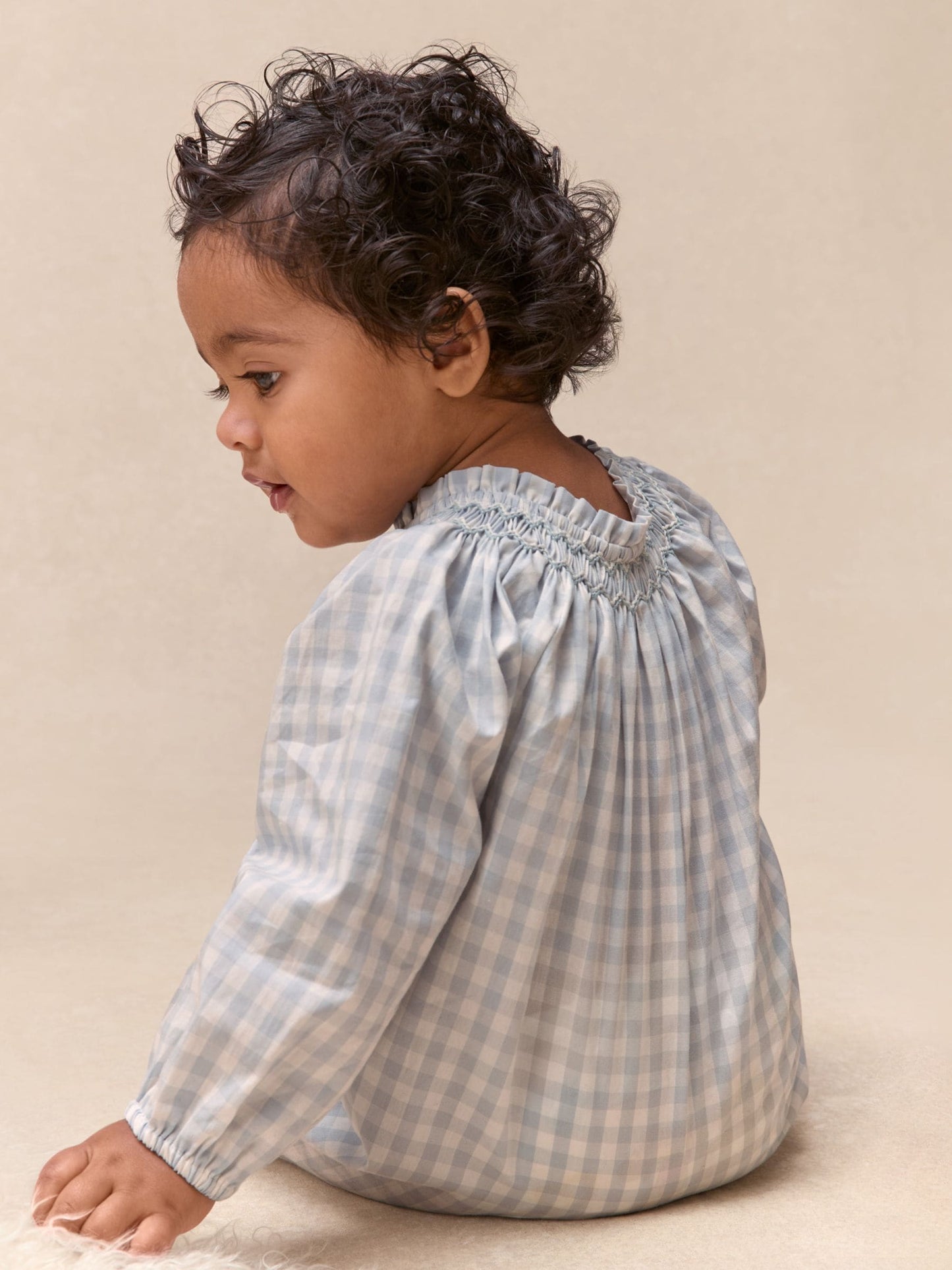 The White Company Blue Cotton Poplin Mini Gingham Handsmocked Romper image 4