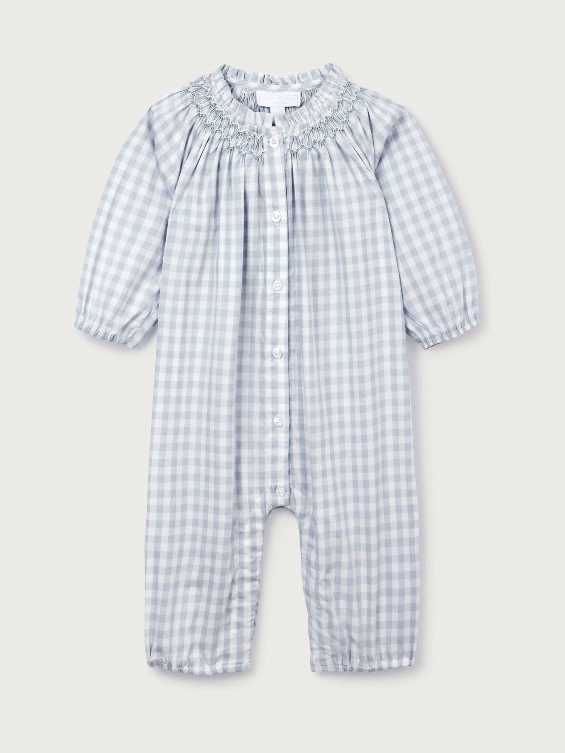 The White Company Blue Cotton Poplin Mini Gingham Handsmocked Romper image 5
