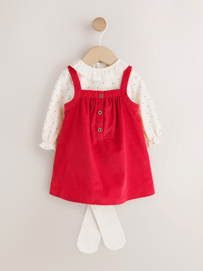 Red Cord Baby Pinafore Long Sleeve Bodysuit And Tights 3 Piece Set (0mths-2yrs) - image 1