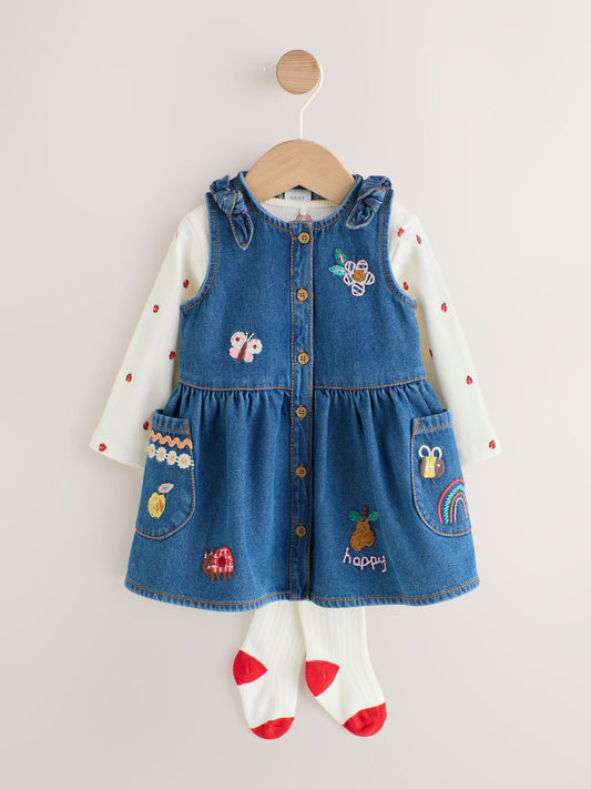 Dsiney Kidz - Denim Embroidered Pinafore and Bodysuit Baby 3 Piece Set With Tights (0mths-2yrs) image 1