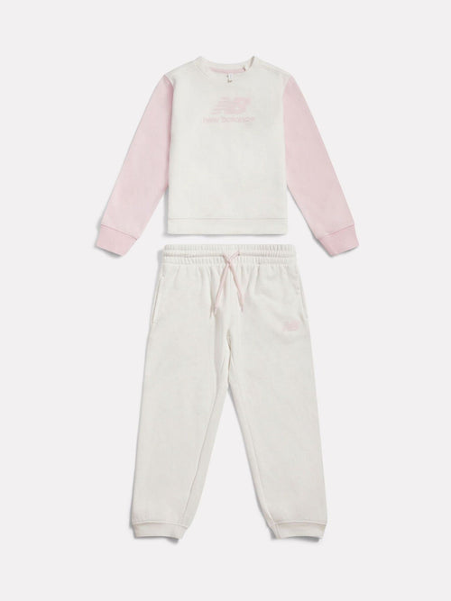 New Balance Pink/White FT Colourblock Curved Hem Crew & Joggers Set image 1