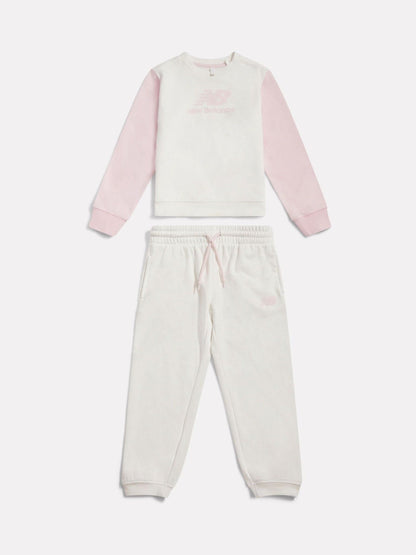 New Balance Pink/White FT Colourblock Curved Hem Crew & Joggers Set image 1