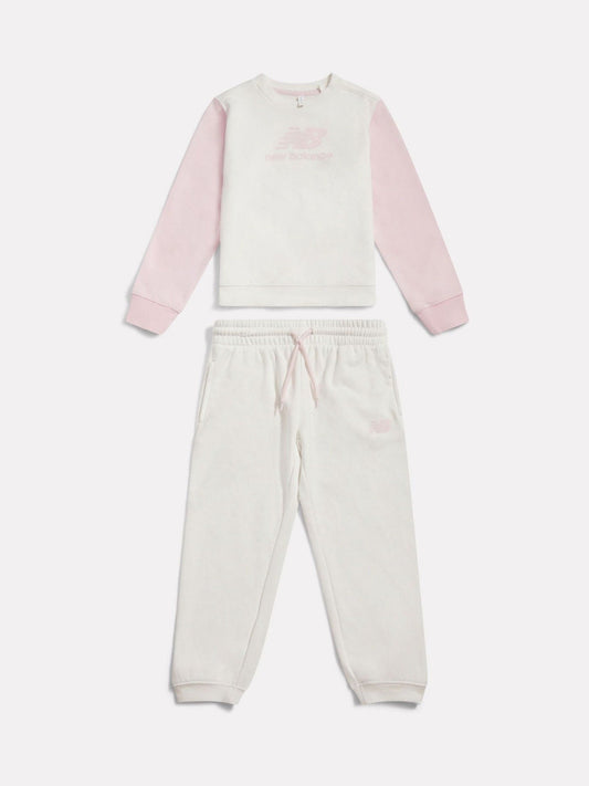 New Balance Pink/White FT Colourblock Curved Hem Crew & Joggers Set image 1