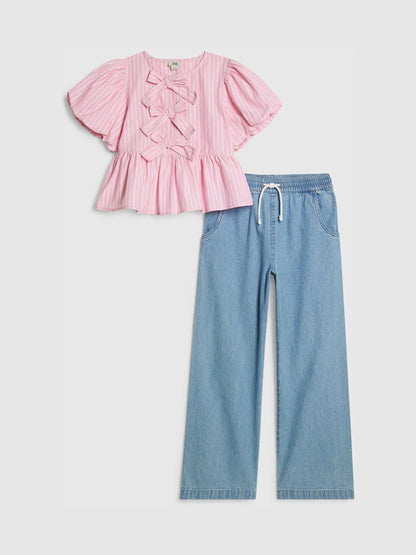 Dsiney Kidz - River Island Pink Seersucker Top & Jeans Set image 1