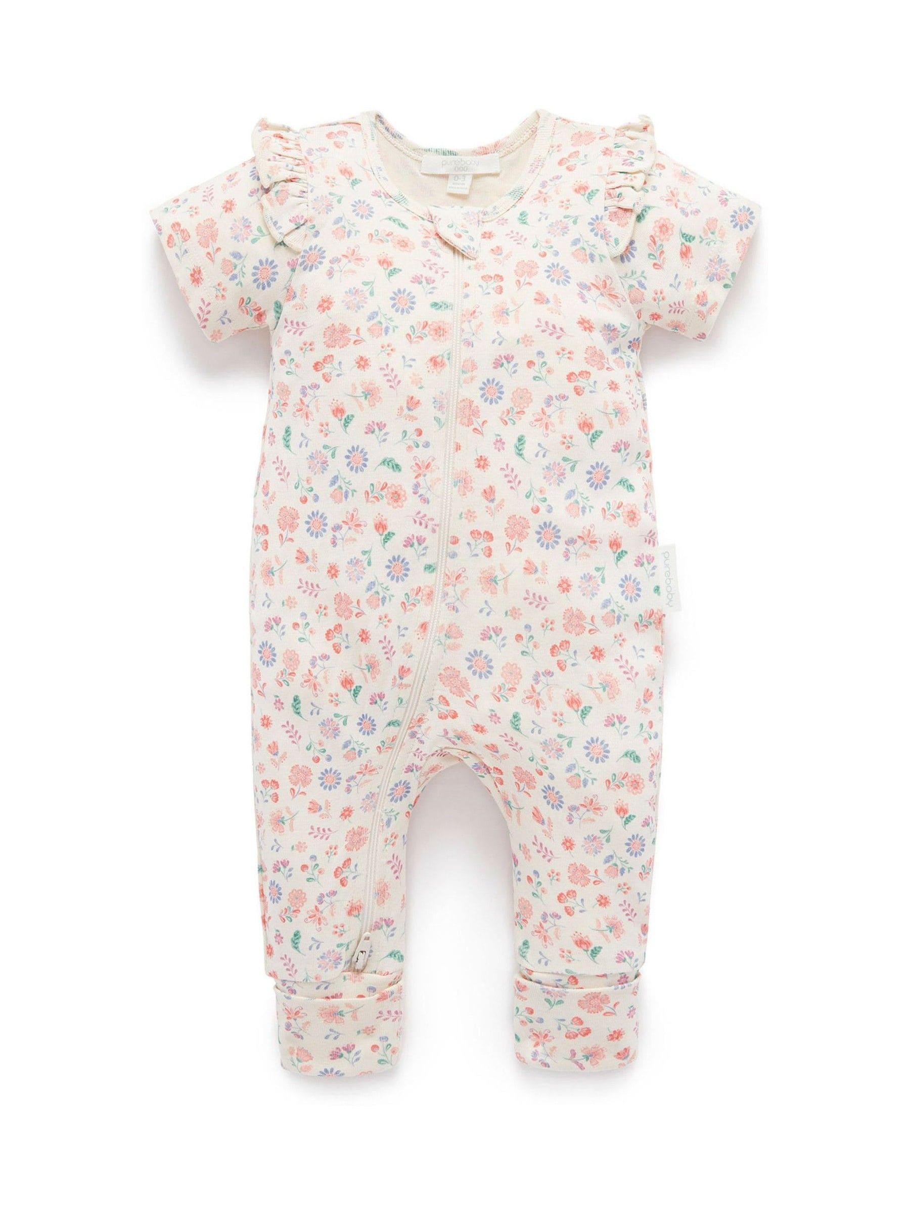 Purebaby Pink Printed Short Sleeve Floral Zip Sleepsuit image 2
