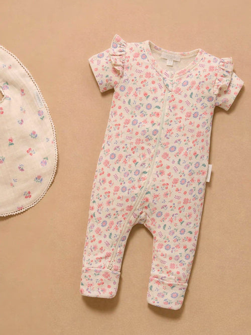 Purebaby Pink Printed Short Sleeve Floral Zip Sleepsuit image 1