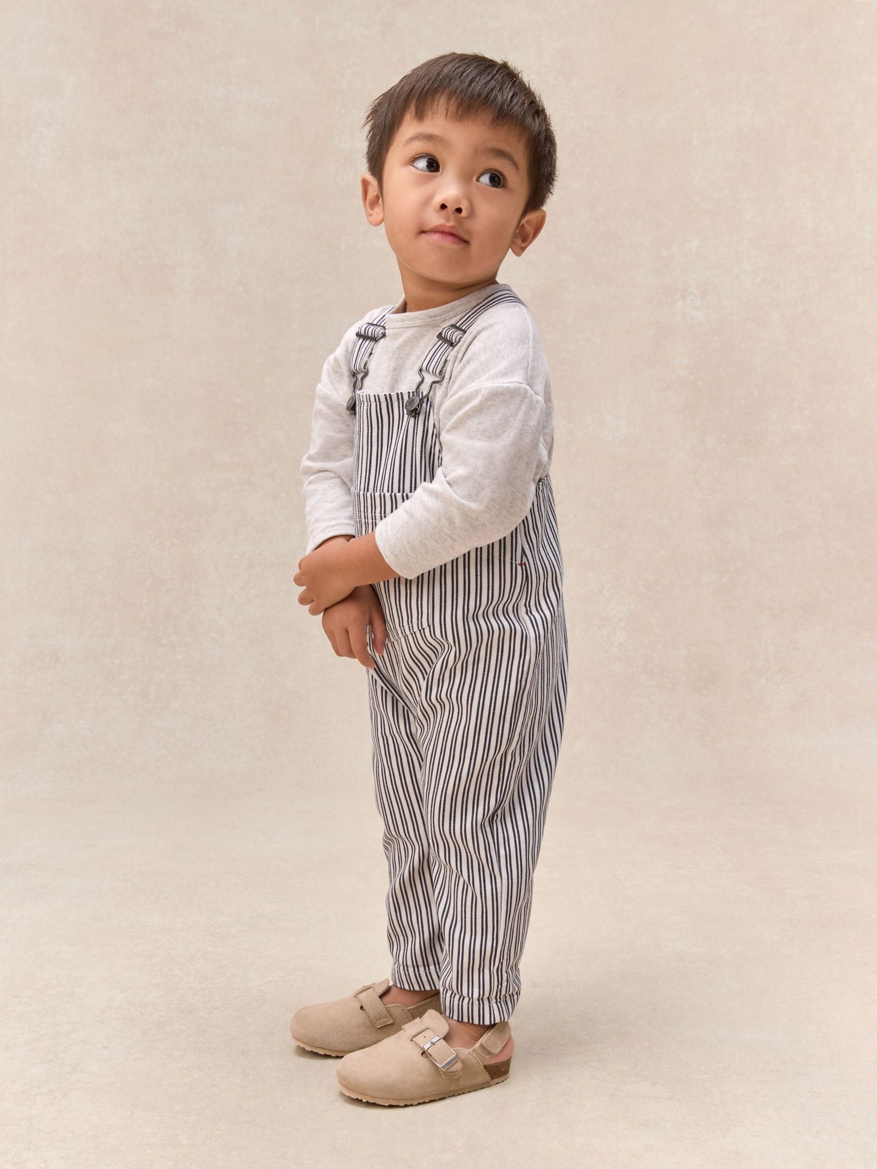 The White Company White Cotton Blend Stripe Dungaree & Top Set image 1