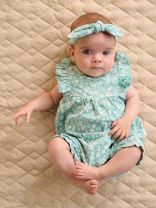Purebaby Green Ruffle Floral Romper and Headband Set image 1