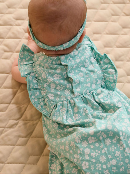 Purebaby Green Ruffle Floral Romper and Headband Set image 2