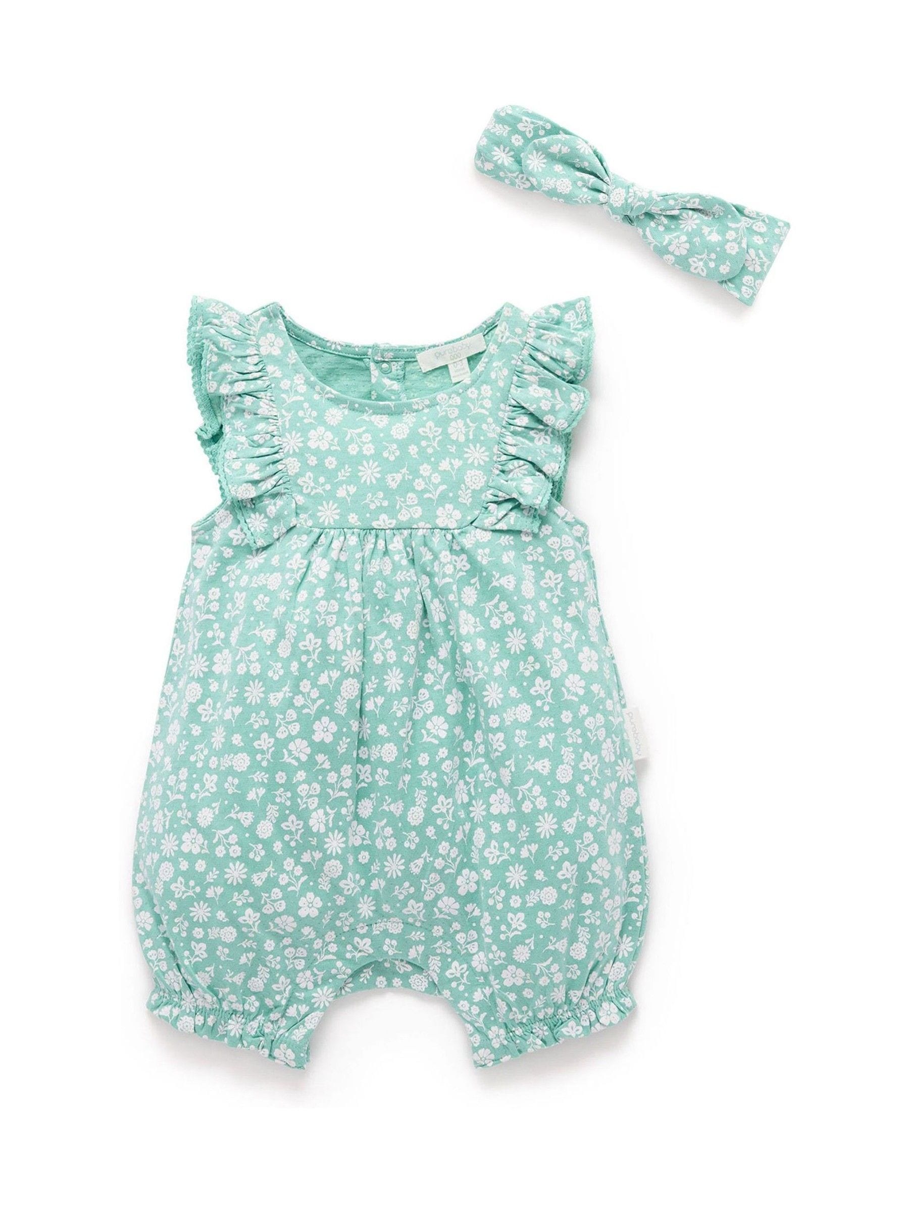 Purebaby Green Ruffle Floral Romper and Headband Set image 3