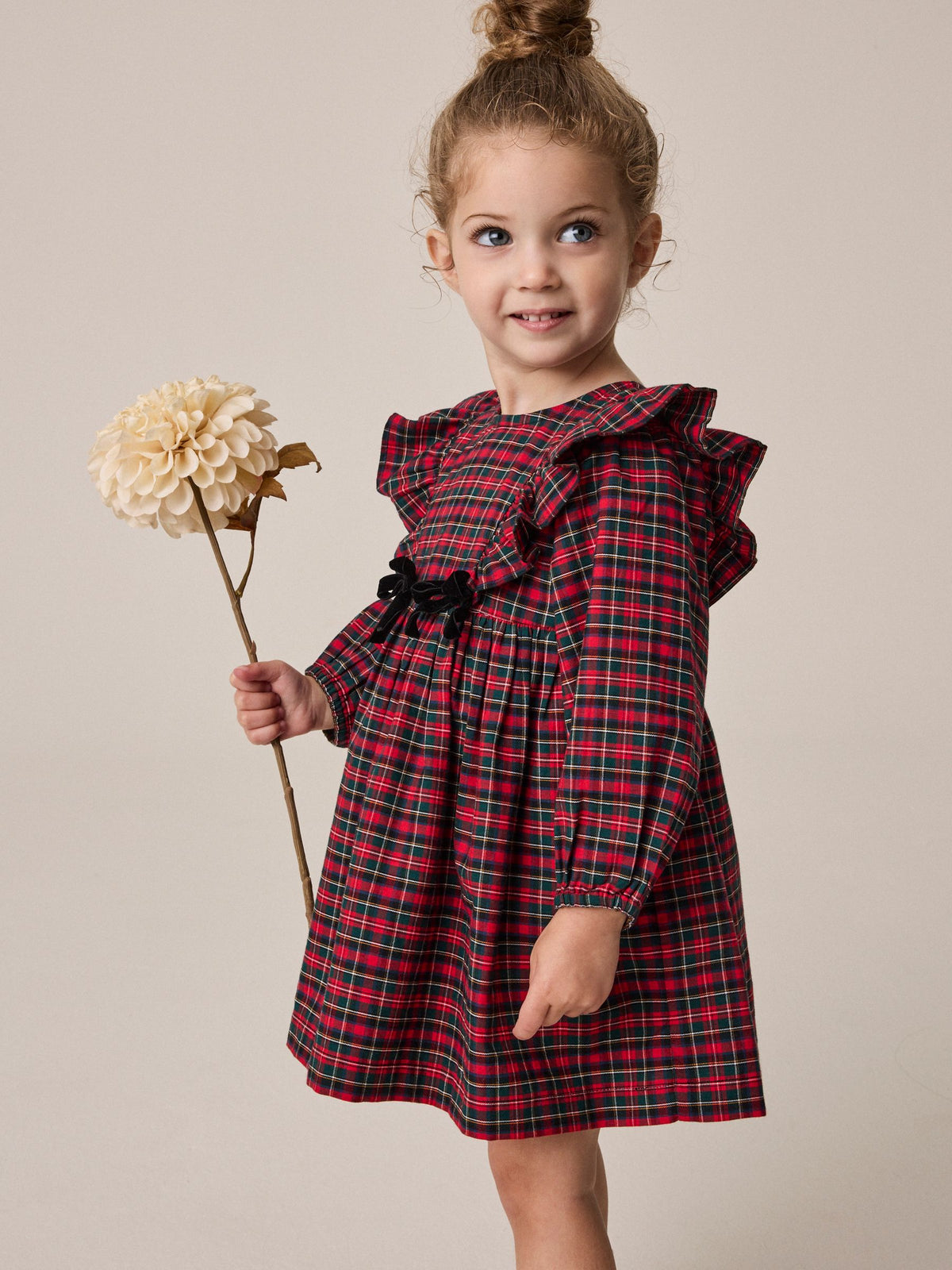 Dsiney Kidz - Red Velvet Bow Long Sleeve Check Dress (3mths-8yrs) image 1