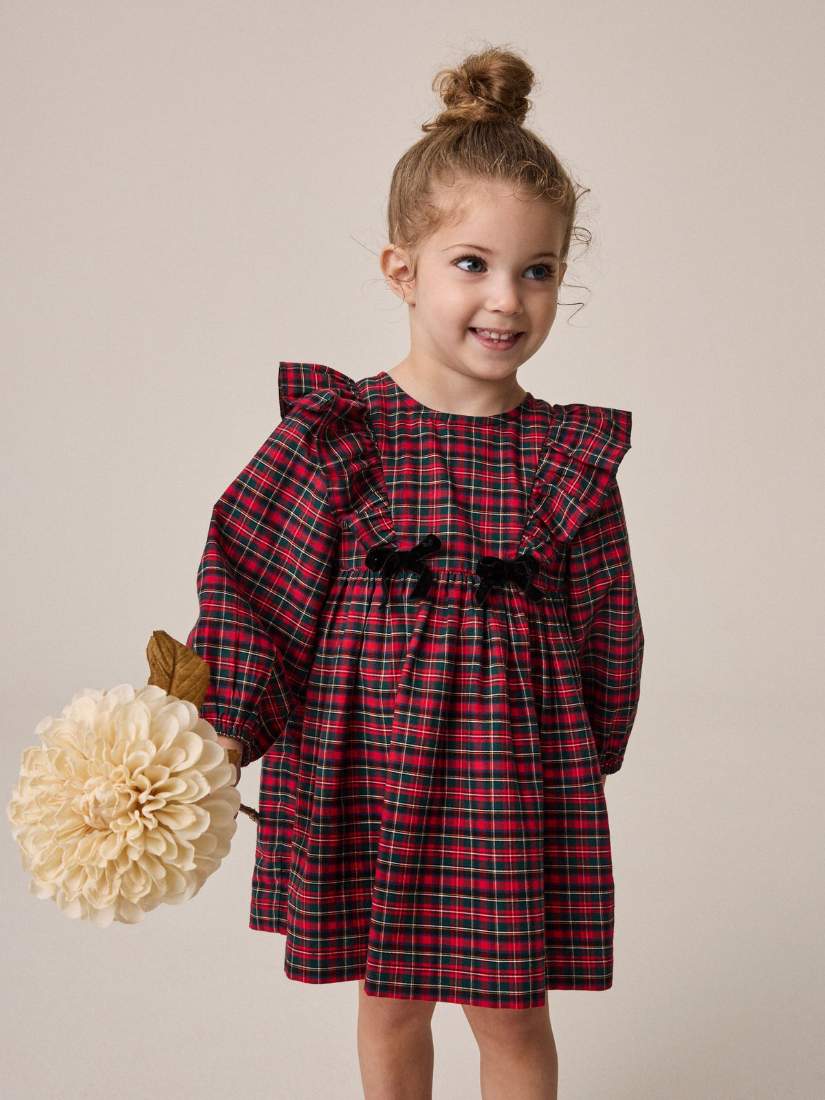 Dsiney Kidz - Red Velvet Bow Long Sleeve Check Dress (3mths-8yrs) image 2
