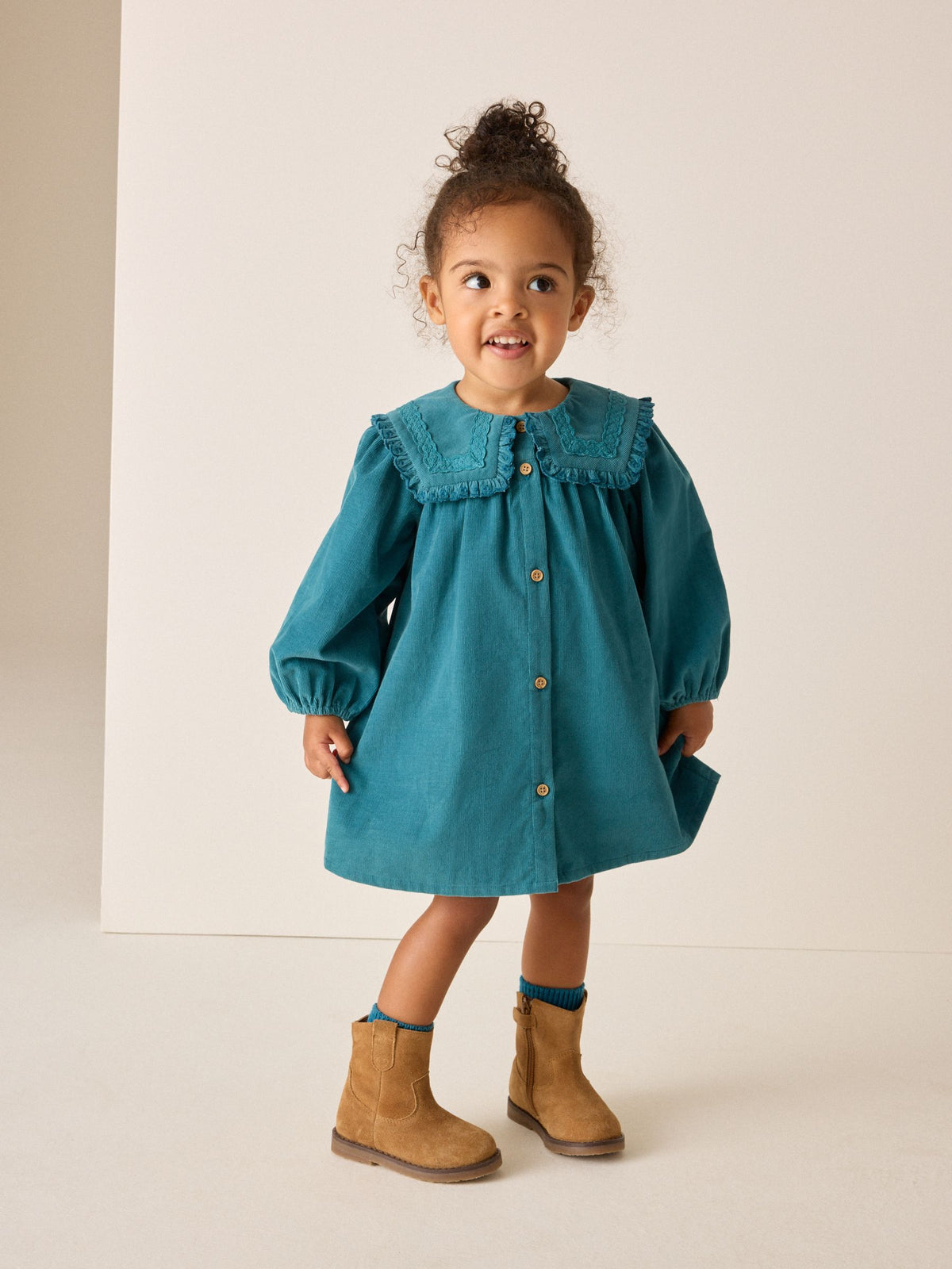 Teal Blue Collar Detail Long Sleeve Cord Dress (3mths-8yrs) - image 1