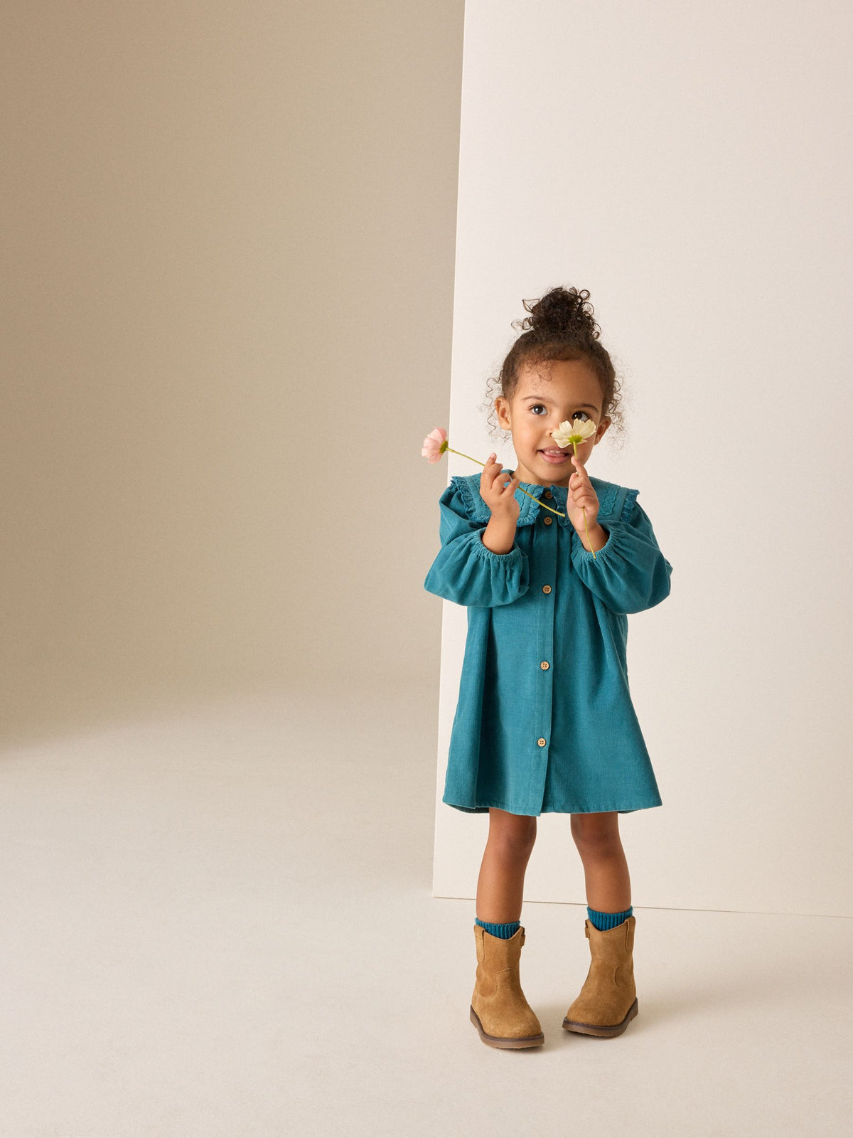 Teal Blue Collar Detail Long Sleeve Cord Dress (3mths-8yrs) - image 2