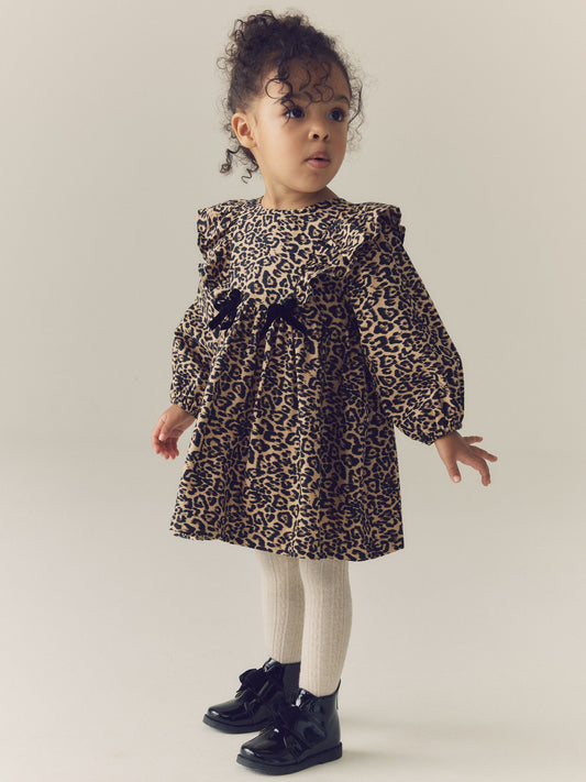 Dsiney Kidz - Leopard Animal Print Velvet Bow Long Sleeve Check Dress (3mths-8yrs) image 1