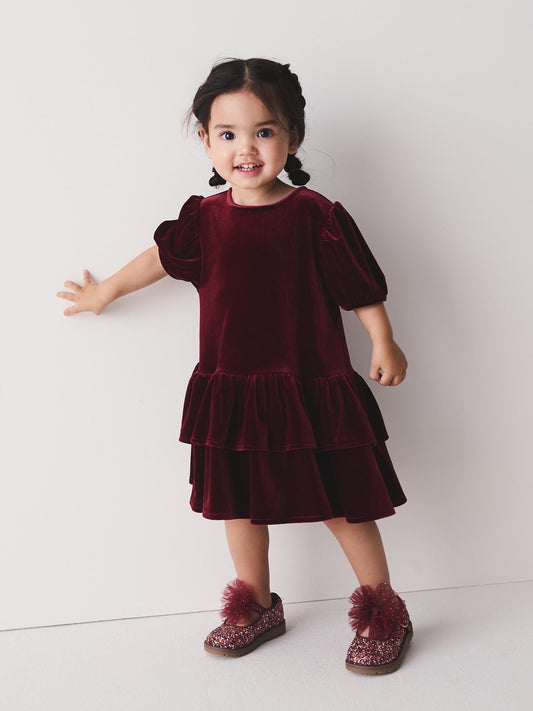 Dsiney Kidz - Burgundy Red Velvet Short Sleeve Occasion Dress (3mths-8yrs) image 1