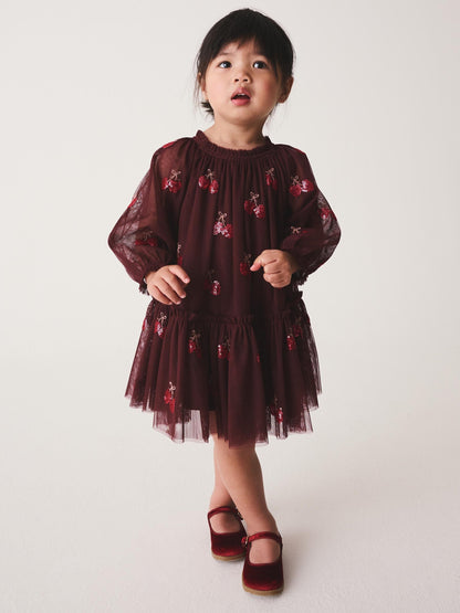Burgundy Red Cherry Sequin Mesh Occasion Dress (3mths-8yrs) - image 2
