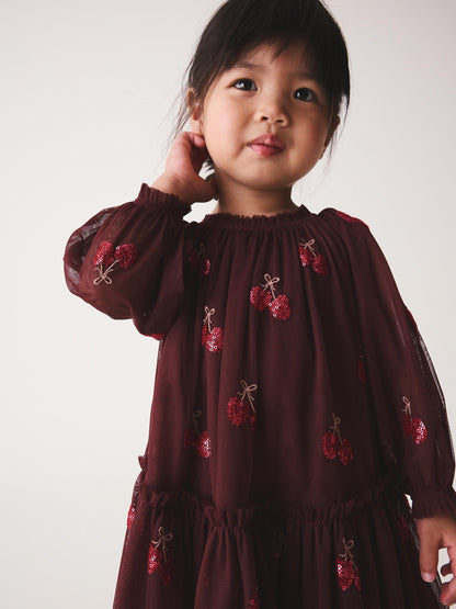 Burgundy Red Cherry Sequin Mesh Occasion Dress (3mths-8yrs) - image 3
