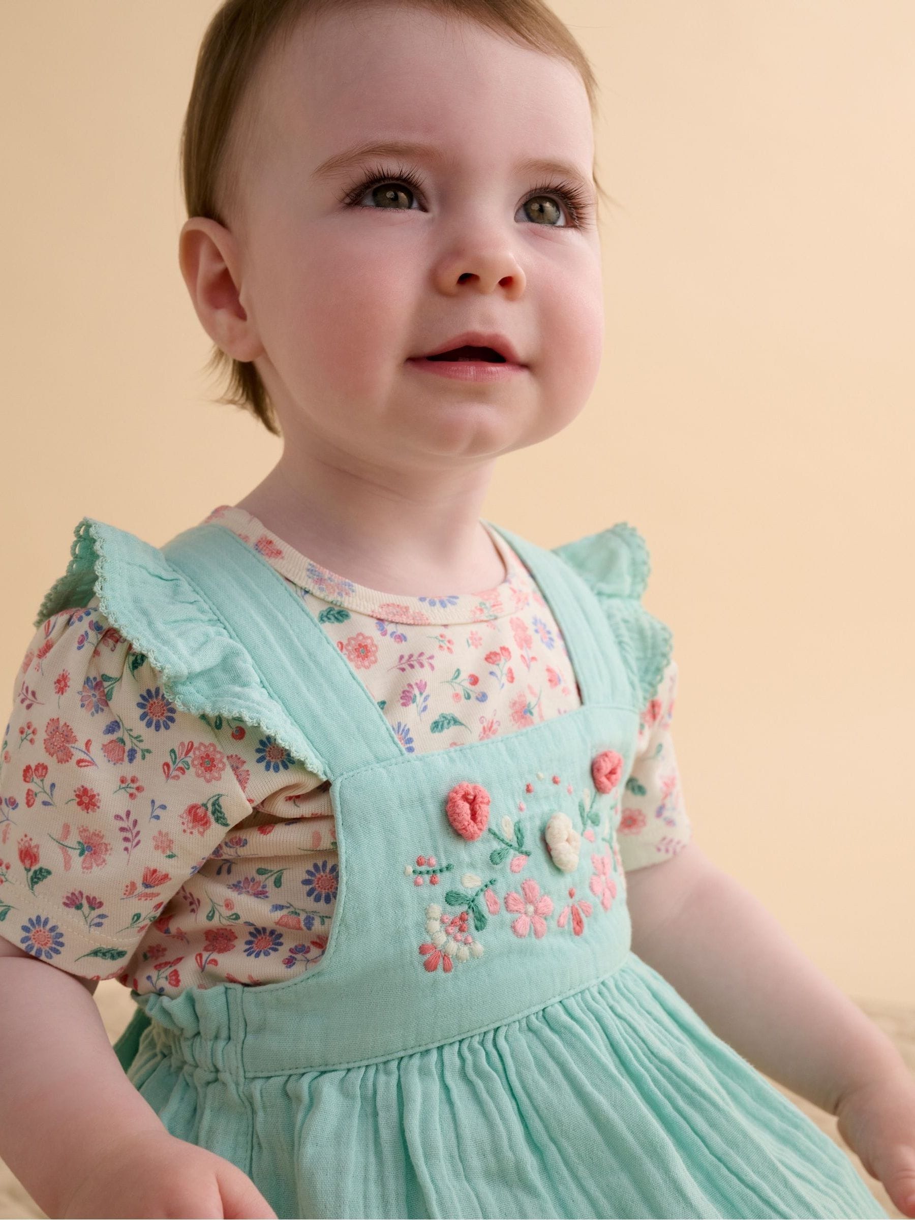 Purebaby Blue Embroidered Dungarees Set image 2