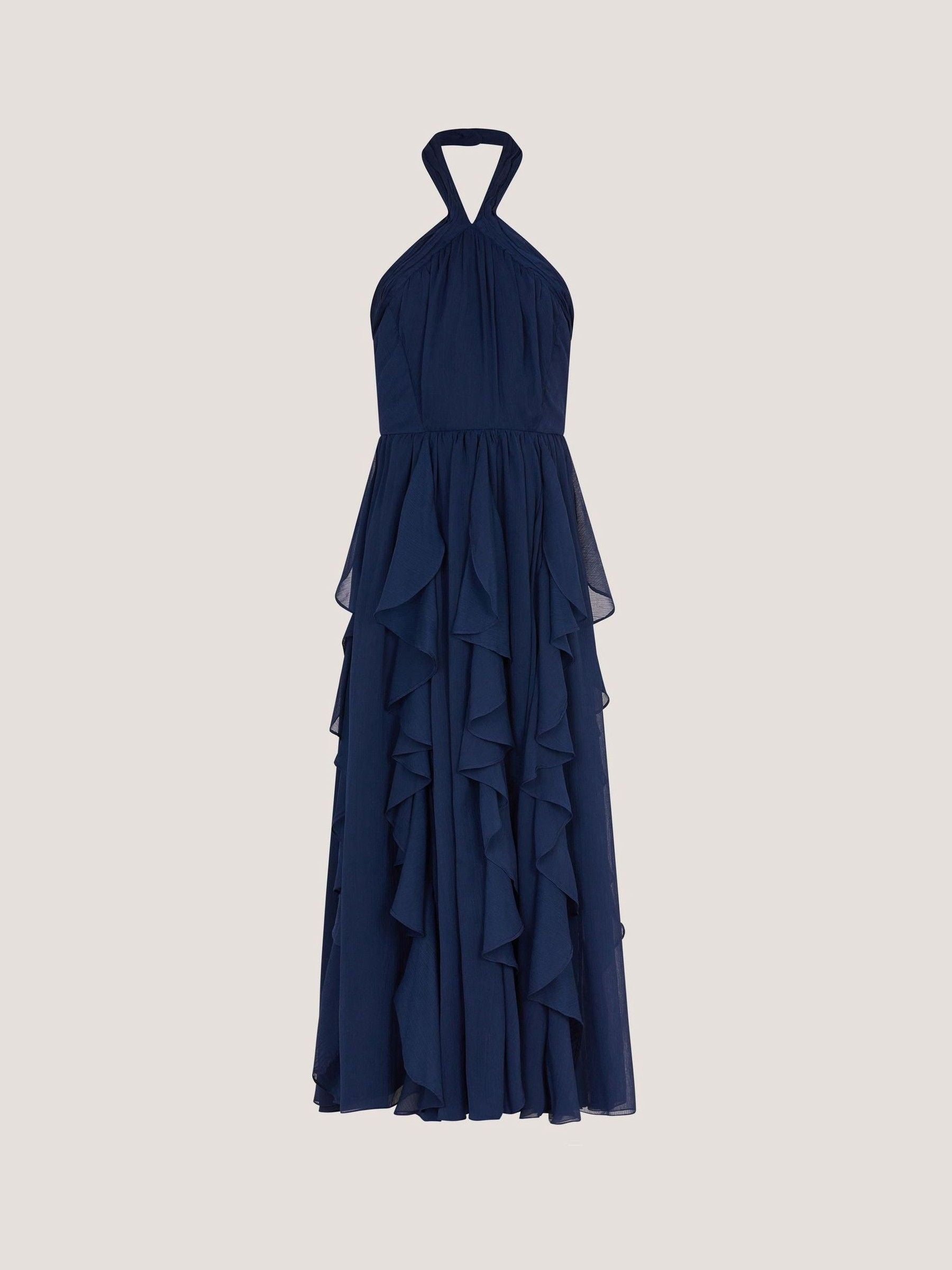 Monsoon Navy Blue Arizona Halter Ruffle Prom Dress image 1