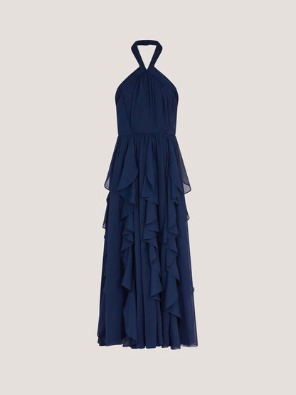 Monsoon Navy Blue Arizona Halter Ruffle Prom Dress image 1