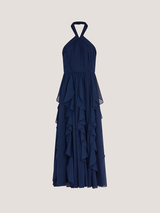 Monsoon Navy Blue Arizona Halter Ruffle Prom Dress image 1
