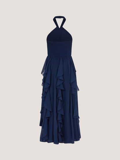 Monsoon Navy Blue Arizona Halter Ruffle Prom Dress image 2