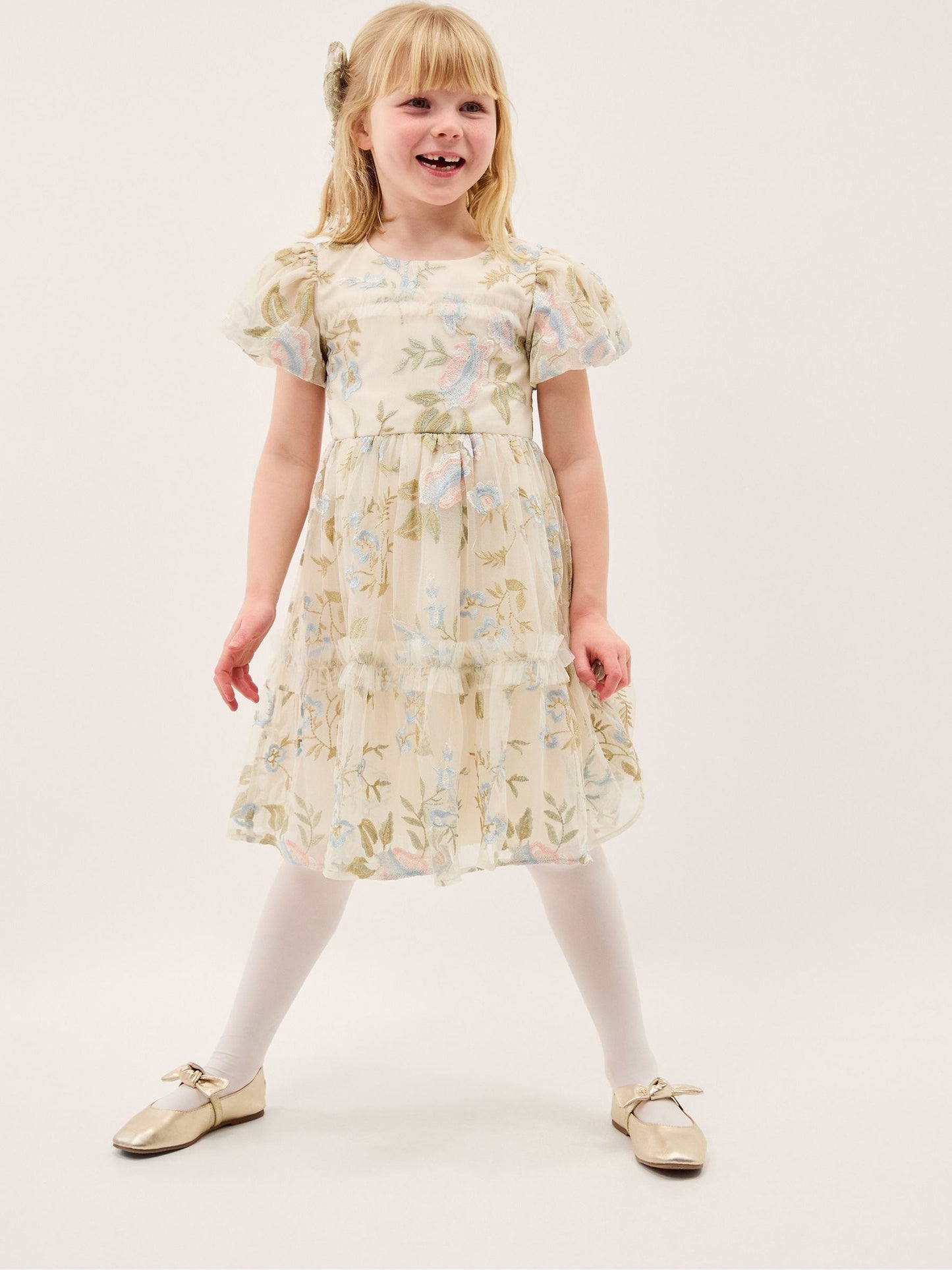Monsoon Cream Azalea Ruffle Floral Embroidered Party Dress image 1