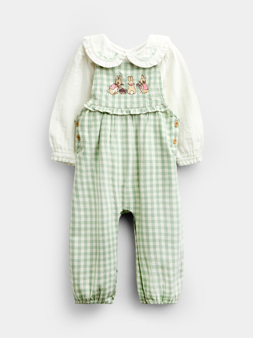 JoJo Maman Bébé Green Peter Rabbit Flopsy Gingham Dungaree Set image 1