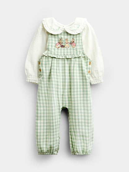 JoJo Maman Bébé Green Peter Rabbit Flopsy Gingham Dungaree Set image 1