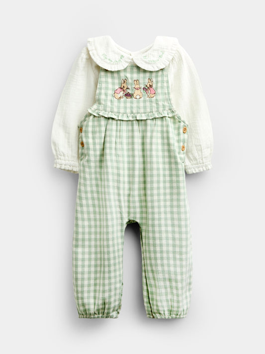 JoJo Maman Bébé Green Peter Rabbit Flopsy Gingham Dungaree Set image 1
