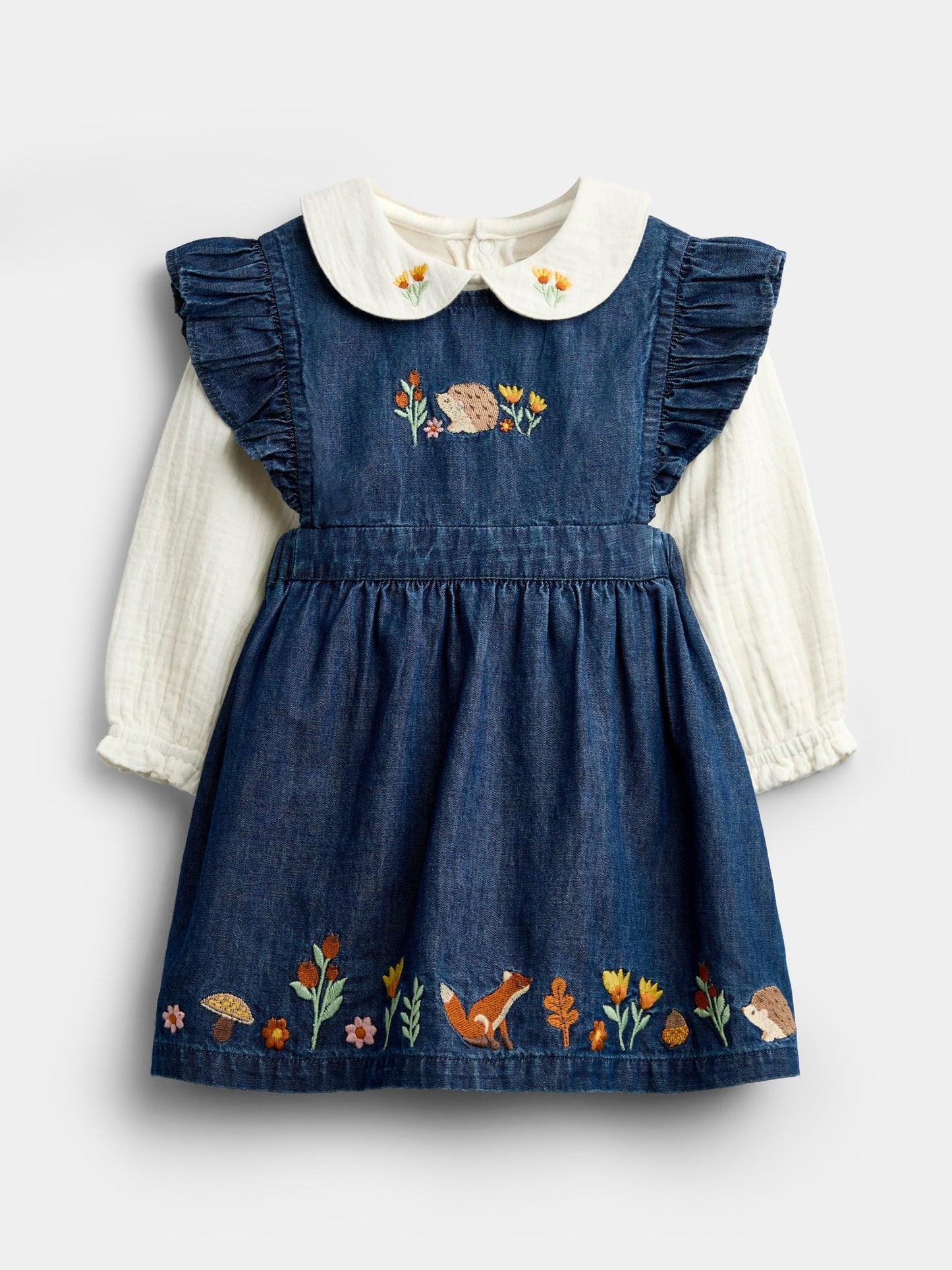 Dsiney Kidz - JoJo Maman Bébé Chambray Blue Hedgehog Embroidered Dress Set image 1