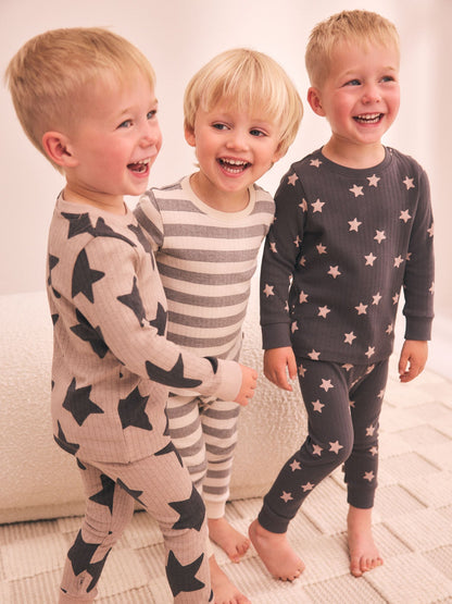 Brown/Cream Stars Snuggle Pyjamas Set 3 Pack (9mths-12yrs) - image 1