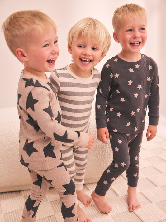 Brown/Cream Stars Snuggle Pyjamas Set 3 Pack (9mths-12yrs) - image 1